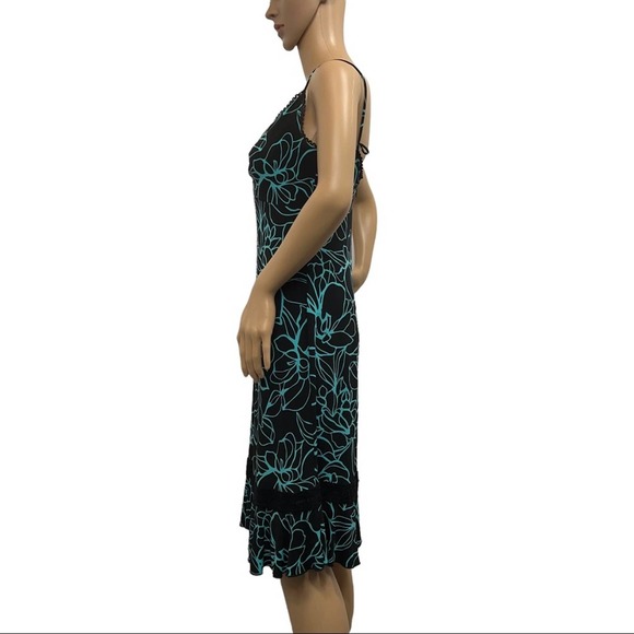 Vtg Tadashi 2000s Dress S Black Midi Floral Ric Rac Lace V Neck Spaghetti Straps - Picture 4 of 12